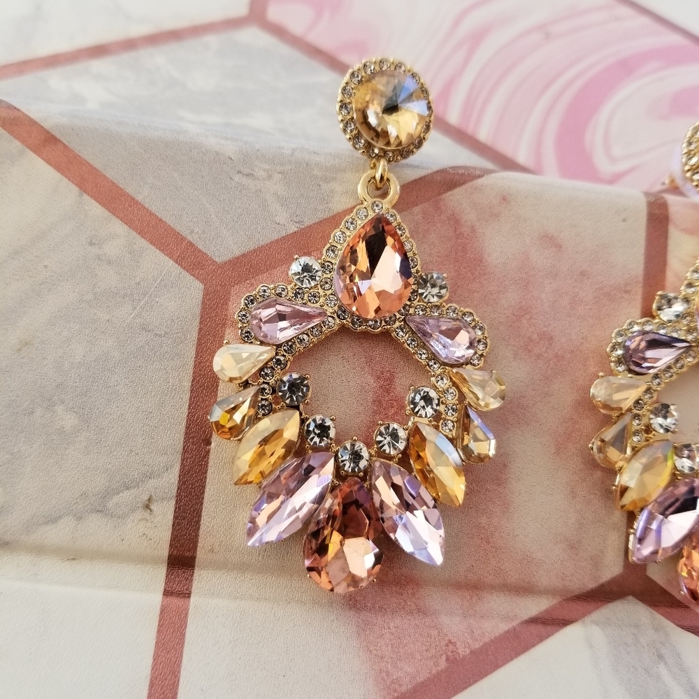 Yellow and pink gemstones rhinestone earrings, custom jewelry - Picture 2 of 7